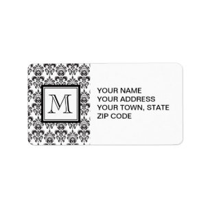 GIRLY BLACK DAMASK PATTERN 2 YOUR INITIAL LABEL