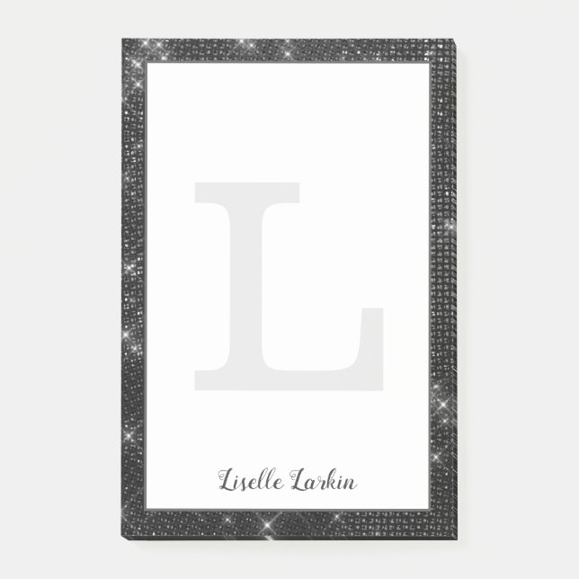 Girly Black Diamond Glitter Glam Monogram Name Post-it Notes (Front)