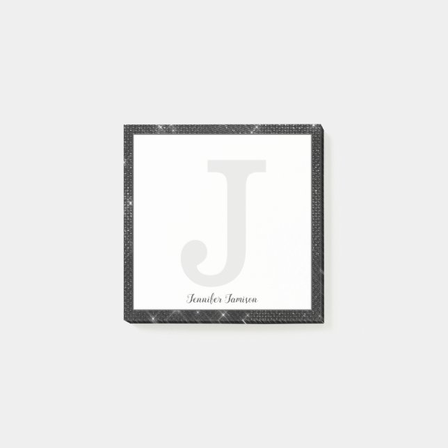 Girly Black Diamond Glitter Small Monogram Name Post-it Notes (Front)