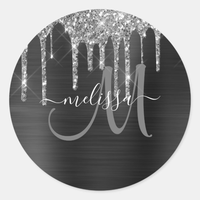 Girly Black Dripping Glitter Brush Metal Monogram Classic Round Sticker (Front)