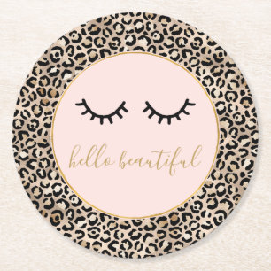 Girly Black Eyelashes Gold Glam Leopard Print      Round Paper Coaster