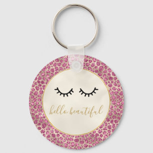 Girly Black Eyelashes Gold Pink Leopard Print Key Ring