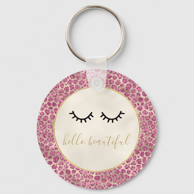 Girly Black Eyelashes Gold Pink Leopard Print Key Ring (Front)