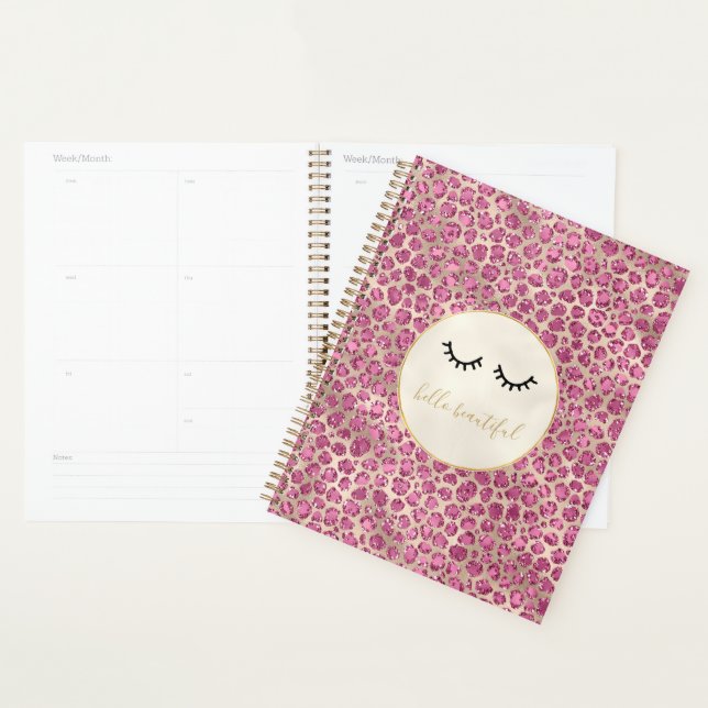 Girly Black Eyelashes Gold Pink Leopard Print Planner (Display)