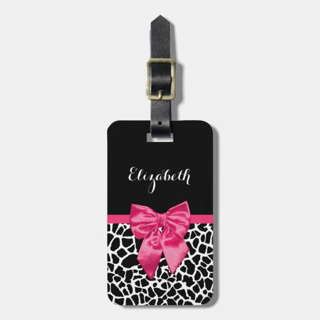 Girly Black Giraffe Animal Print Cute Hot Pink Bow Luggage Tag (Front Vertical)
