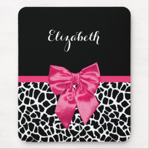 Girly Black Giraffe Animal Print Cute Hot Pink Bow Mouse Pad