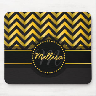 Girly Black Gold Chevron Pattern Monogram Mouse Pad