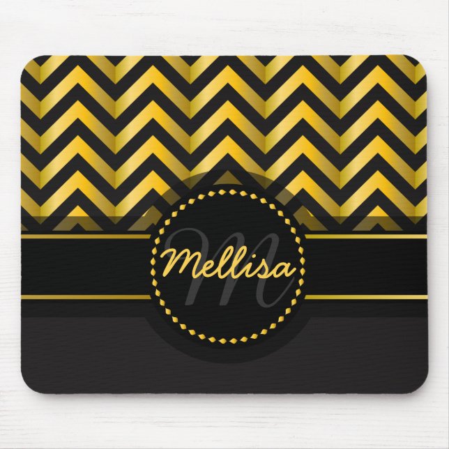 Girly Black Gold Chevron Pattern Monogram Mouse Pad (Front)