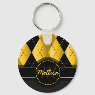 Girly Black Gold Diamond Pattern Monogram Key Ring