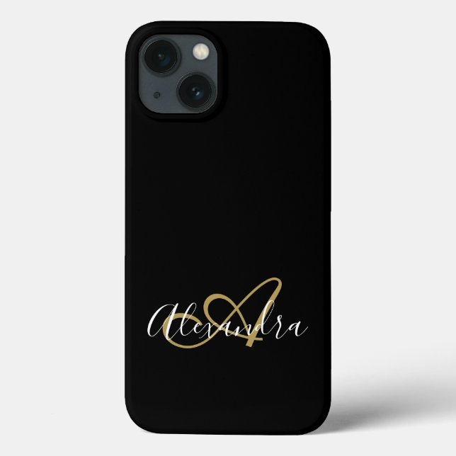 Girly Black Gold Elegant Monogram Script Case-Mate iPhone Case (Back)