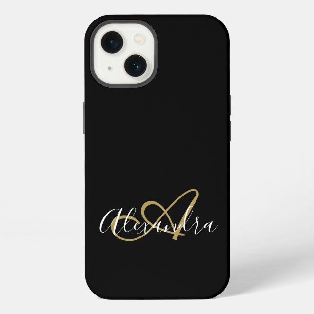 Girly Black Gold Elegant Monogram Script iPhone Case (Back)