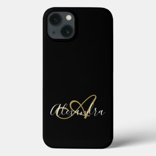 Girly Black Gold Elegant Monogram Script Name iPhone 13 Case