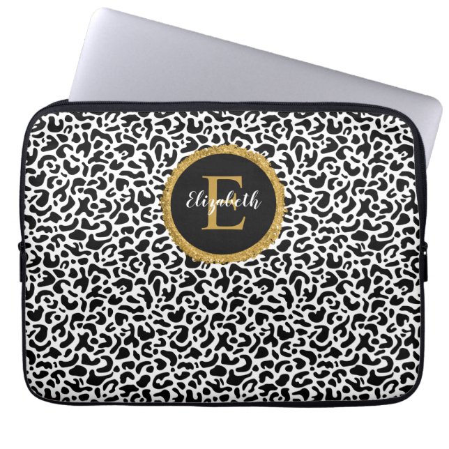 Girly Black Gold Leopard Monogram Laptop Sleeve (Front)