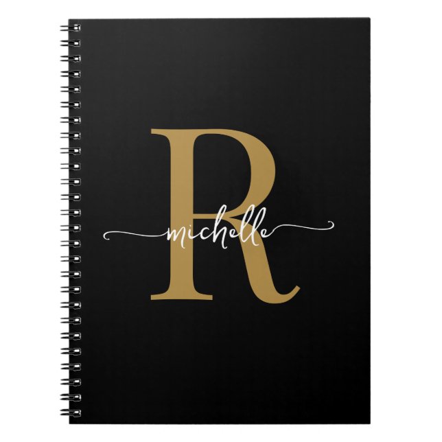 Girly Black Gold Modern Script Monogram Name Notebook (Front)