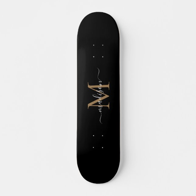 Girly Black Gold Monogram Elegant Modern Script Skateboard (Front)