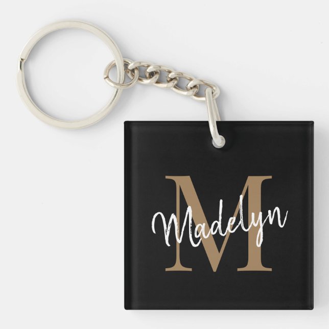 Girly Black Gold Monogram Name Elegant Chic Script Key Ring (Front)