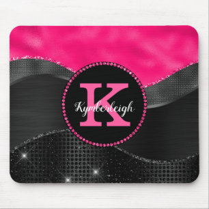 Girly Black Grey Hot Pink Waves Glam Monogram Name Mouse Pad