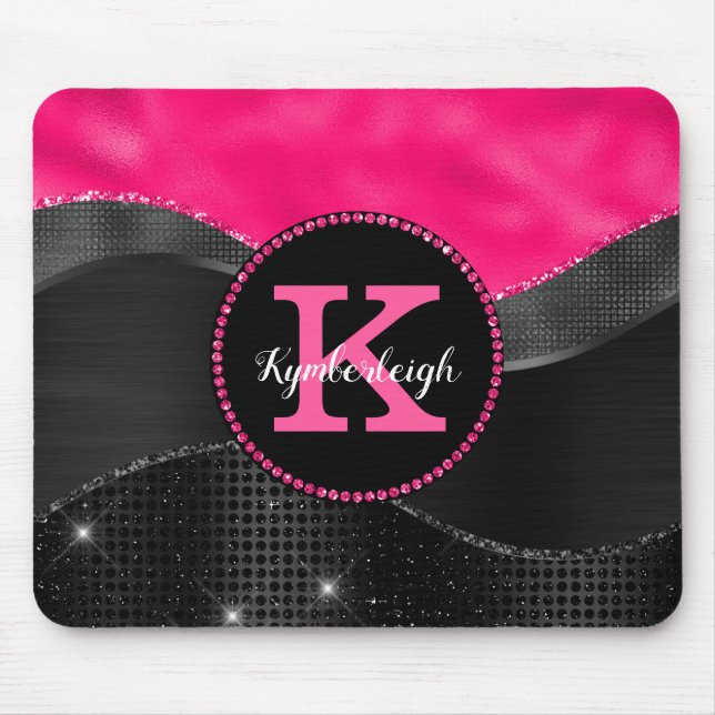 Girly Black Grey Hot Pink Waves Glam Monogram Name Mouse Pad (Front)