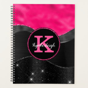 Girly Black Grey Hot Pink Waves Glam Monogram Name Planner