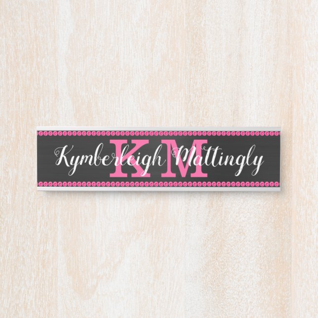 Girly Black Hot Pink Diamonds Glam Monogram Name Door Sign (Front)