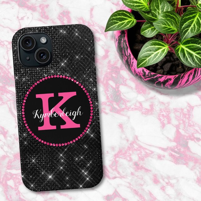 Girly Black Hot Pink Glam Diamond Monogram Name Case-Mate iPhone Case (Creator Uploaded)