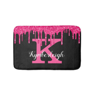 Girly Black Hot Pink Glitter Drips Monogram Name Bath Mat