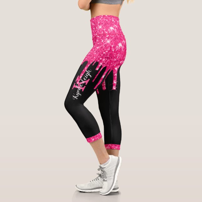 Girly Black Hot Pink Glitter Drips Monogram Name Capri Leggings (Left)