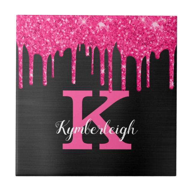 Girly Black Hot Pink Glitter Drips Monogram Name Ceramic Tile (Front)