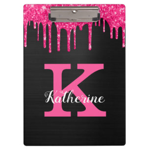 Girly Black Hot Pink Glitter Drips Monogram Name Clipboard