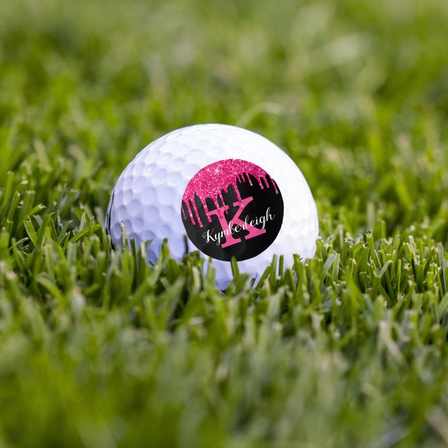 Girly Black Hot Pink Glitter Drips Monogram Name Golf Balls (Creator Uploaded)