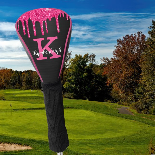 Girly Black Hot Pink Glitter Drips Monogram Name Golf Head Cover (Creator Uploaded)