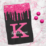 Girly Black Hot Pink Glitter Drips Monogram Name Golf Towel<br><div class="desc">This trendy and unique glam girly design features hot pink fuchsia magenta glitter drips at the top and a large customisable monogram in bright pink in the centre in popular serif typography along with a customisable name in white in popular script with a hand-lettered look. The background includes brushed charcoal...</div>