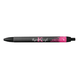 Girly Black Hot Pink Glitter Drips Monogram Name Ink Pen