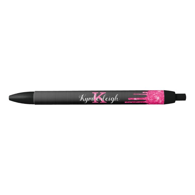 Girly Black Hot Pink Glitter Drips Monogram Name Ink Pen (Front)