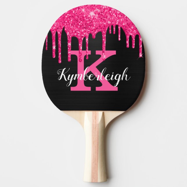 Girly Black Hot Pink Glitter Drips Monogram Name Ping Pong Paddle (Front)