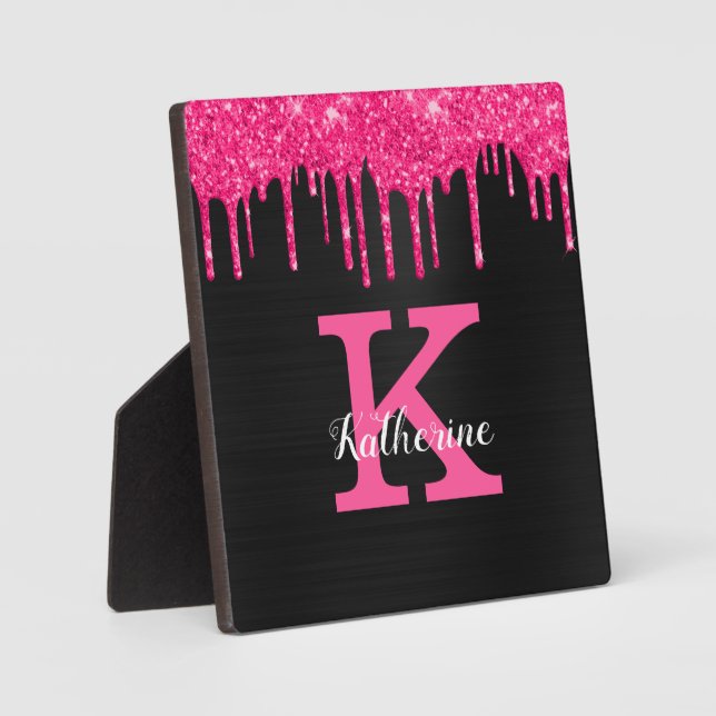 Girly Black Hot Pink Glitter Drips Monogram Name Plaque (Front)