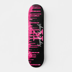 Girly Black Hot Pink Glitter Drips Monogram Name Skateboard