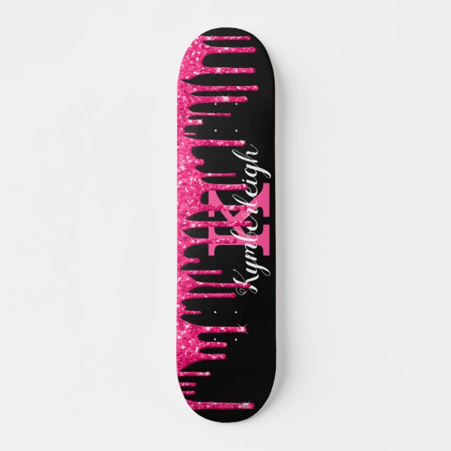 Girly Black Hot Pink Glitter Drips Monogram Name Skateboard (Front)