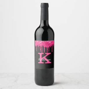 Girly Black Hot Pink Glitter Drips Monogram Name Wine Label