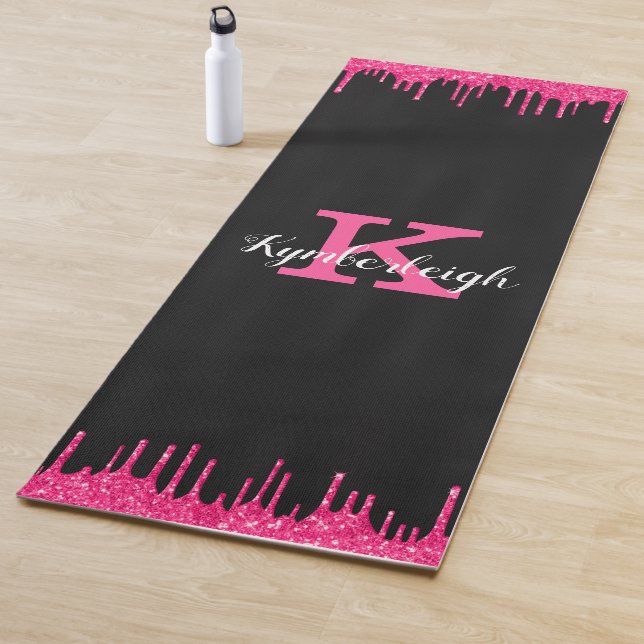 Girly Black Hot Pink Glitter Drips Monogram Name Yoga Mat (In Situ)