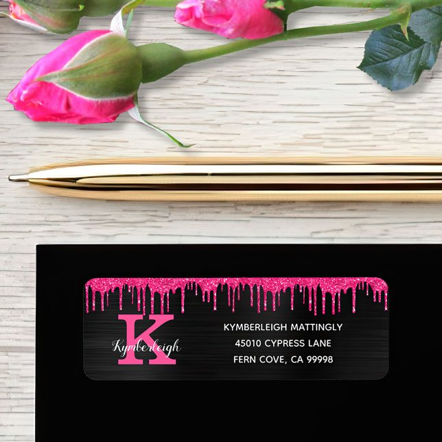 Girly Black Hot Pink Glitter Drips Return Address Label (Creator Uploaded)