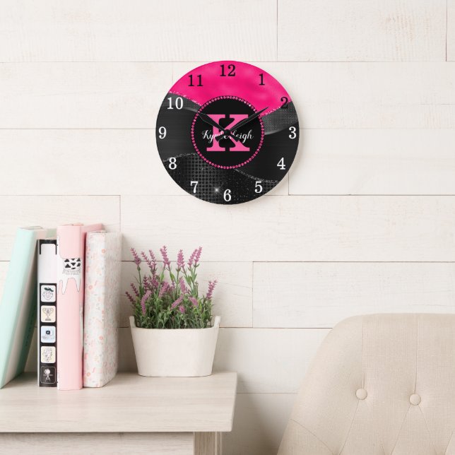 Girly Black Hot Pink Grey Waves Glam Monogram Name Large Clock (Reading Room)