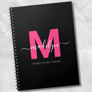 Girly Black Hot Pink Initial Monogram Name Notebook