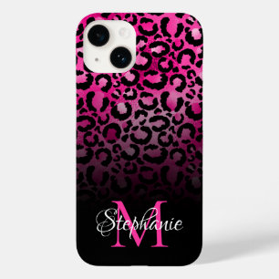Girly Black Hot Pink Leopard Ombre Monogram Case-Mate iPhone 14 Case