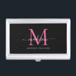Girly Black Hot Pink Magenta Monogram Script Name Business Card Holder<br><div class="desc">Elegant Black Hot Pink Magenta Monogram Girly Script Name Business Card Case</div>