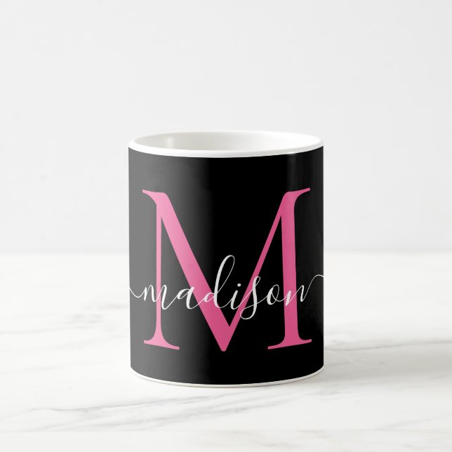 Girly Black Hot Pink Monogram Elegant Script Coffee Mug (Center)