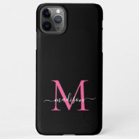 Girly Black Hot Pink Monogram Feminine Script Name