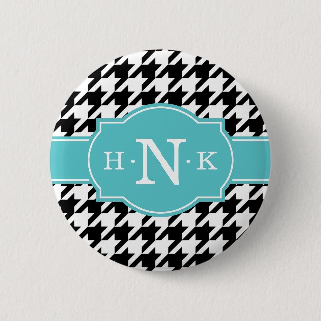 Girly Black Houndstooth Blue Monogram 6 Cm Round Badge (Front)