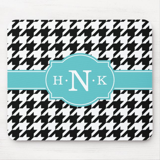 Girly Black Houndstooth Blue Monogram Mouse Pad (Front)