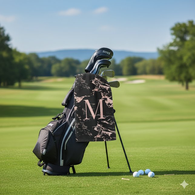 Girly Black Marble Rose Gold Foil Monogram Golf Towel (Girly Black Marble Rose Gold Foil Monogram Golf Towel)